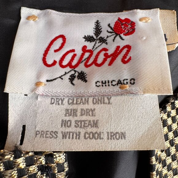 2/$18 SALE!‎ Vtg Caron Metallic Jacket Womens 4 Gold Black Check Evening Blazer - Picture 4 of 8